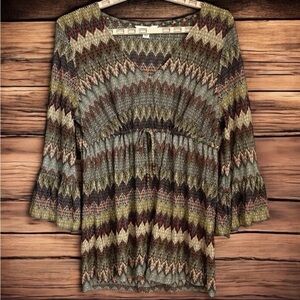 Boston Proper Blouse Sz XL V-Neck Multicolor Zig-Zag Indie Boho Cinch Bust EUC